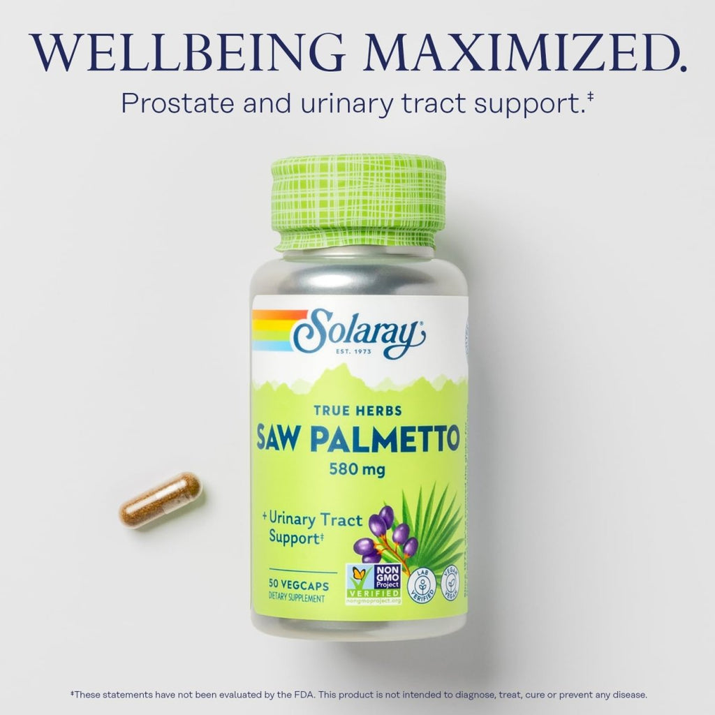 SOLARAY Saw Palmetto Berry 580 mg, Healthy Prostate and Urinary Tract Support from Fatty Acids & Plant Sterols for Men and Women, Non-GMO, Vegan & Lab Verified, 50 VegCaps, 50 Servings