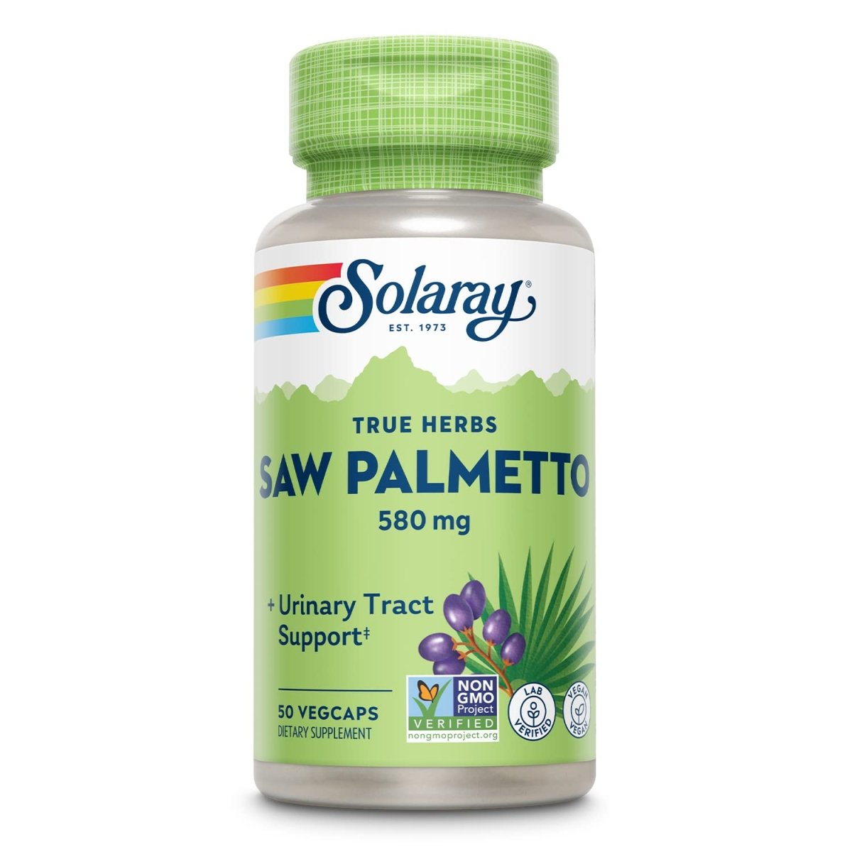 SOLARAY Saw Palmetto Berry 580 mg, Healthy Prostate and Urinary Tract Support from Fatty Acids & Plant Sterols for Men and Women, Non-GMO, Vegan & Lab Verified, 50 VegCaps, 50 Servings