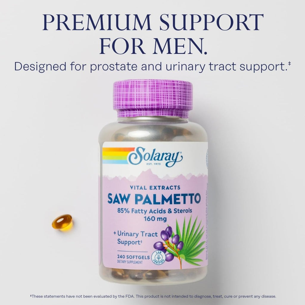 SOLARAY Saw Palmetto Extract - Prostate Health and Urinary Tract Support - 136 mg Fatty Acids and Sterols - Lab Verified, 60-Day Money-Back Guarantee (240 Servings, 240 Softgels)