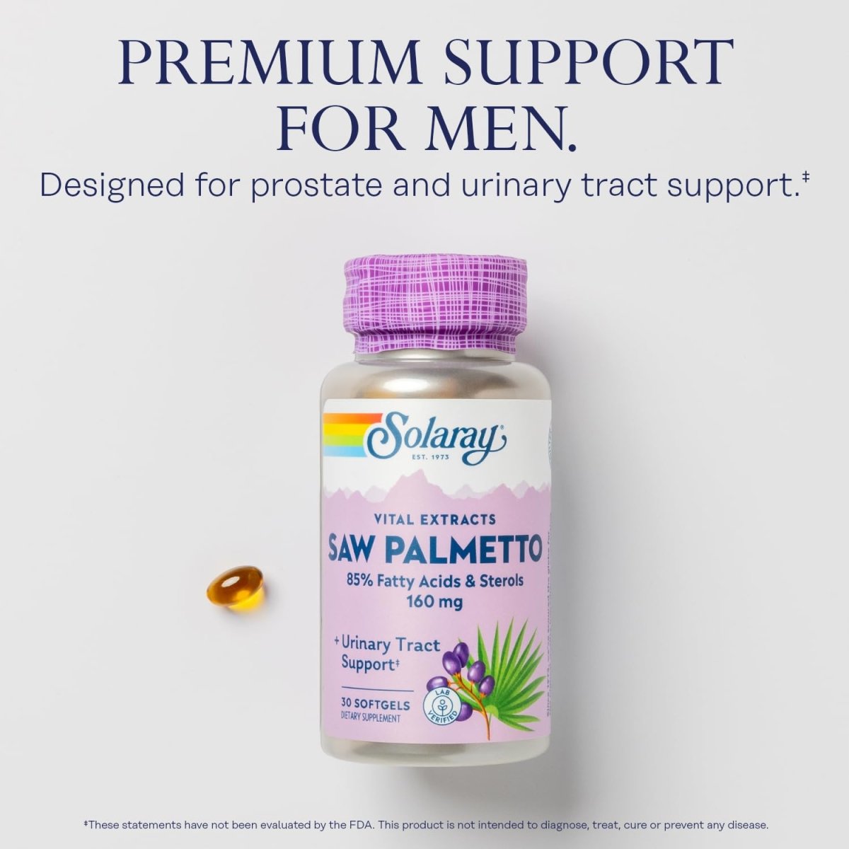 SOLARAY Saw Palmetto Extract - Prostate Health and Urinary Tract Support - 136 mg Fatty Acids and Sterols - Lab Verified, 60-Day Money-Back Guarantee (30 Servings, 30 Softgels)