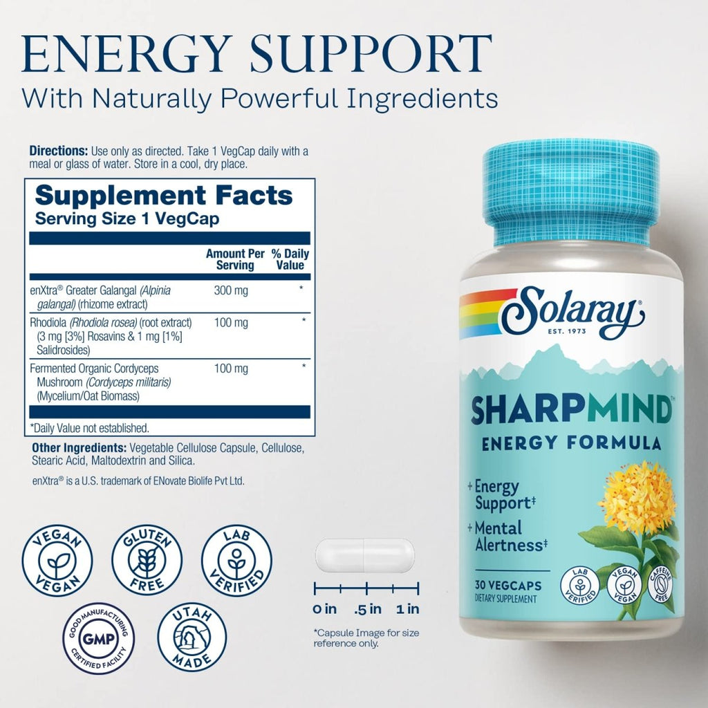 SOLARAY SharpMind Energy, Energy Booster for Women and Men, Nootropic Focus Supplement, Caffeine Free Energy Pills with Rhodiola Rosea and Cordyceps, 60 Day Guarantee, 30 Servings, 30 VegCap Pills