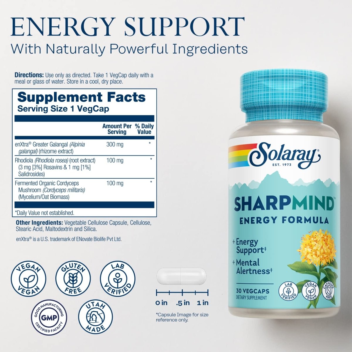 SOLARAY SharpMind Energy, Energy Booster for Women and Men, Nootropic Focus Supplement, Caffeine Free Energy Pills with Rhodiola Rosea and Cordyceps, 60 Day Guarantee, 30 Servings, 30 VegCap Pills