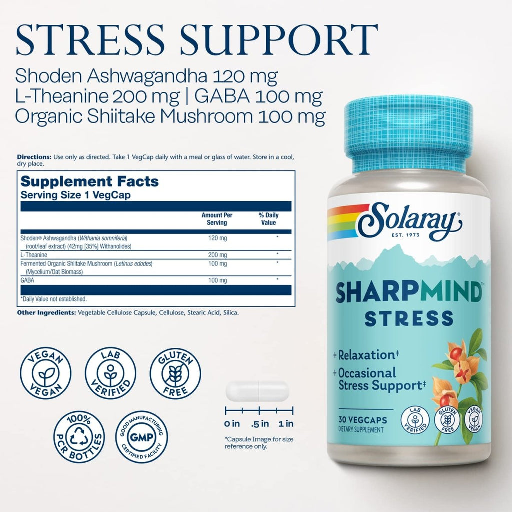SOLARAY SharpMind Stress, Nootropic Mood Support Supplement for Relaxation and Occasional Stress Relief Support, Adaptogen with Ashwagandha, L Theanine, 60 Day Money Guarantee, 30 Serv 30 VegCaps