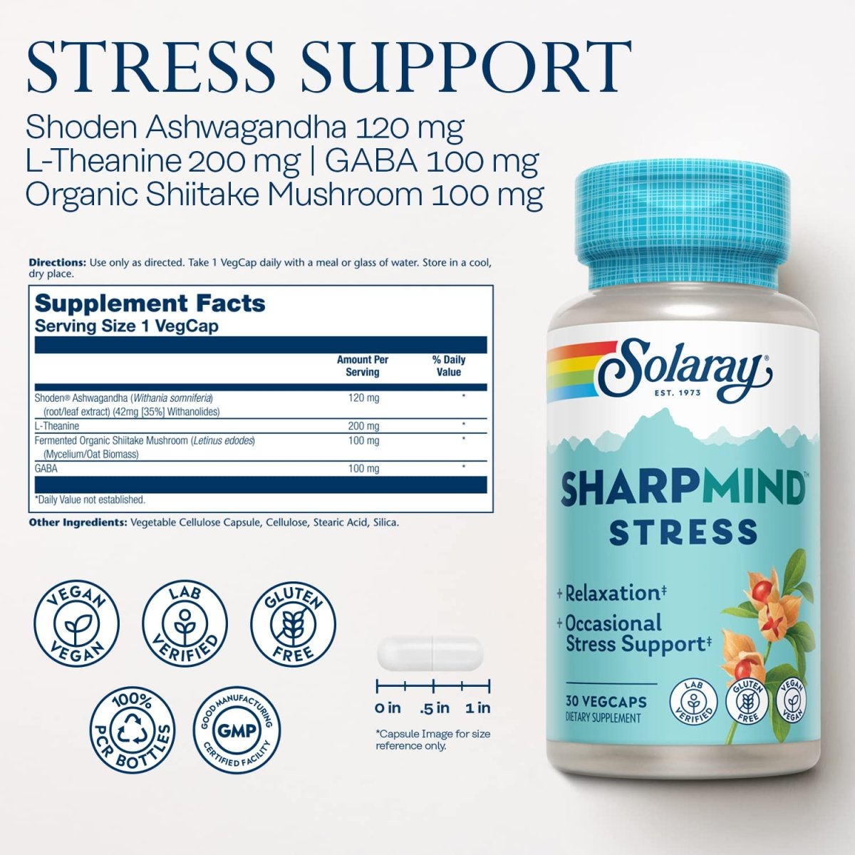 SOLARAY SharpMind Stress, Nootropic Mood Support Supplement for Relaxation and Occasional Stress Relief Support, Adaptogen with Ashwagandha, L Theanine, 60 Day Money Guarantee, 30 Serv 30 VegCaps
