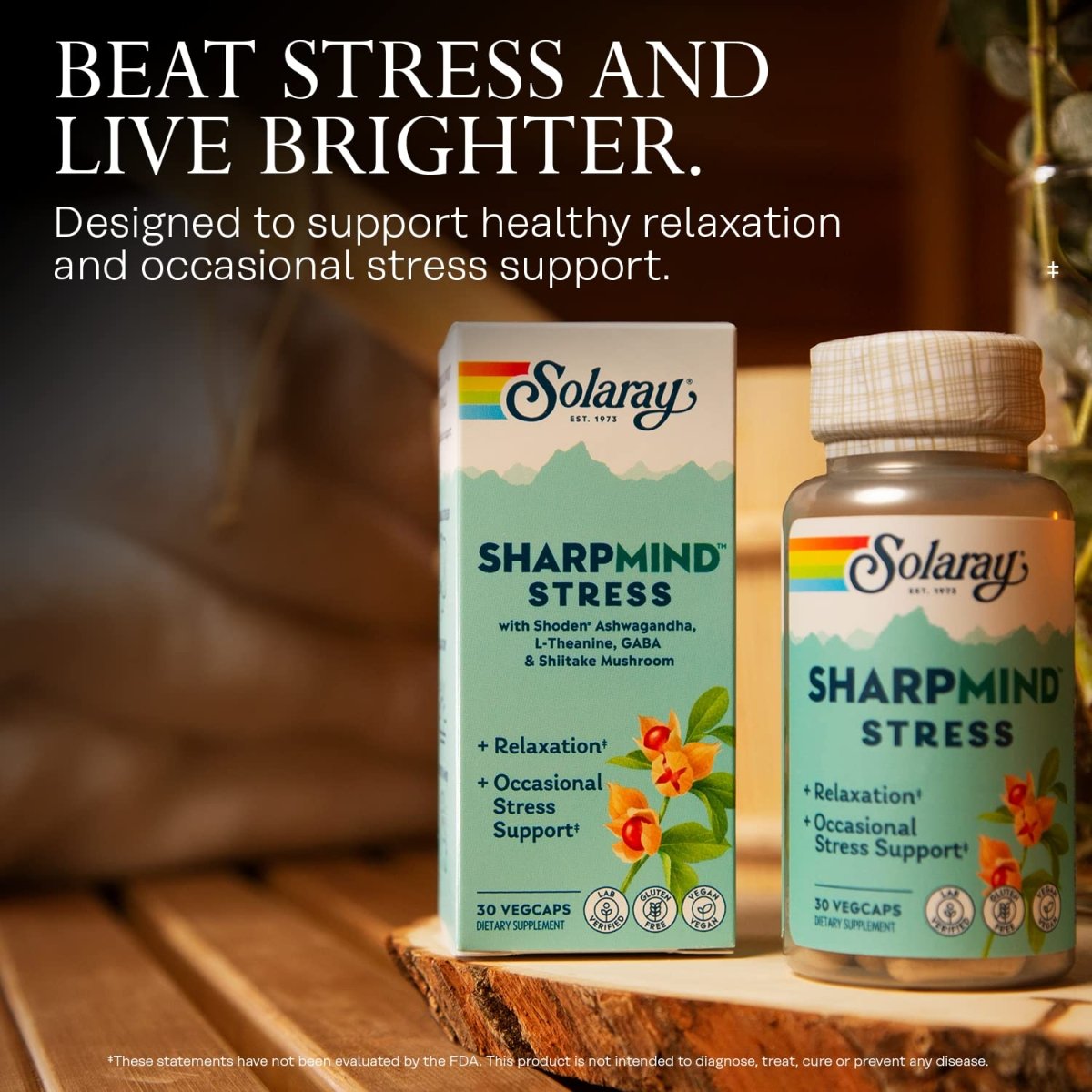 SOLARAY SharpMind Stress, Nootropic Mood Support Supplement for Relaxation and Occasional Stress Relief Support, Adaptogen with Ashwagandha, L Theanine, 60 Day Money Guarantee, 30 Serv 30 VegCaps