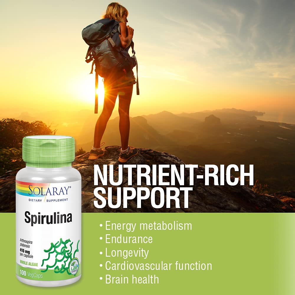 SOLARAY Spirulina 410mg | Algae Superfood Supports Energy, Vitality & Overall Health | 100ct, 100 Serv.