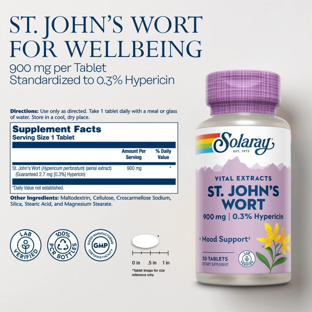 SOLARAY St John's Wort 900 mg, Once Daily Mood Support Supplement, Standardized to 0.3% Hypericin for Brain Health Support and a Balanced Mood, 60-Day Money Back Guarantee | 30 Servings | 30 Tablets