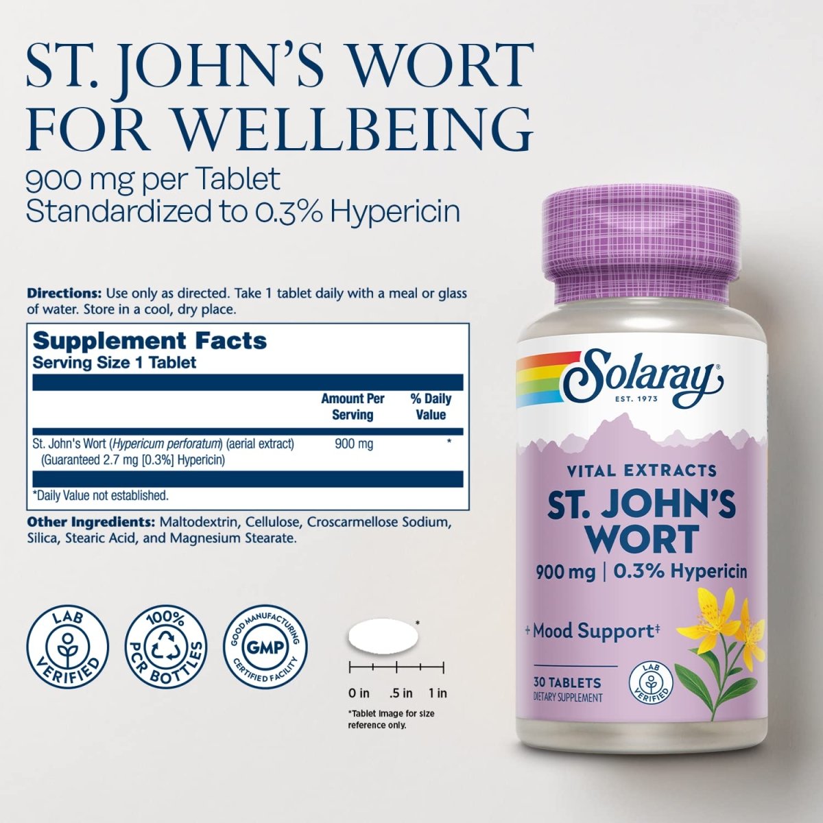SOLARAY St John's Wort 900 mg, Once Daily Mood Support Supplement, Standardized to 0.3% Hypericin for Brain Health Support and a Balanced Mood, 60-Day Money Back Guarantee | 30 Servings | 30 Tablets