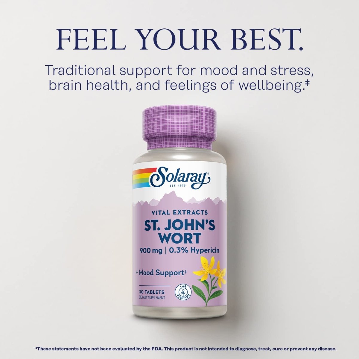 SOLARAY St John's Wort 900 mg, Once Daily Mood Support Supplement, Standardized to 0.3% Hypericin for Brain Health Support and a Balanced Mood, 60-Day Money Back Guarantee | 30 Servings | 30 Tablets