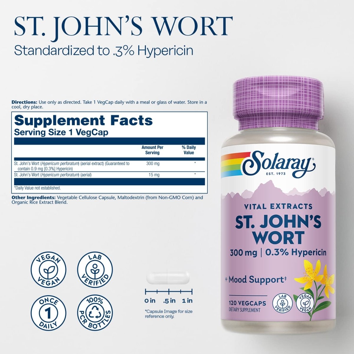SOLARAY St John?s Wort Aerial Extract 300 mg, 0.3% Hypericin, Mood & Brain Health Support, Vegan & Lab Verified for Quality, 120 Servings, 120 VegCaps