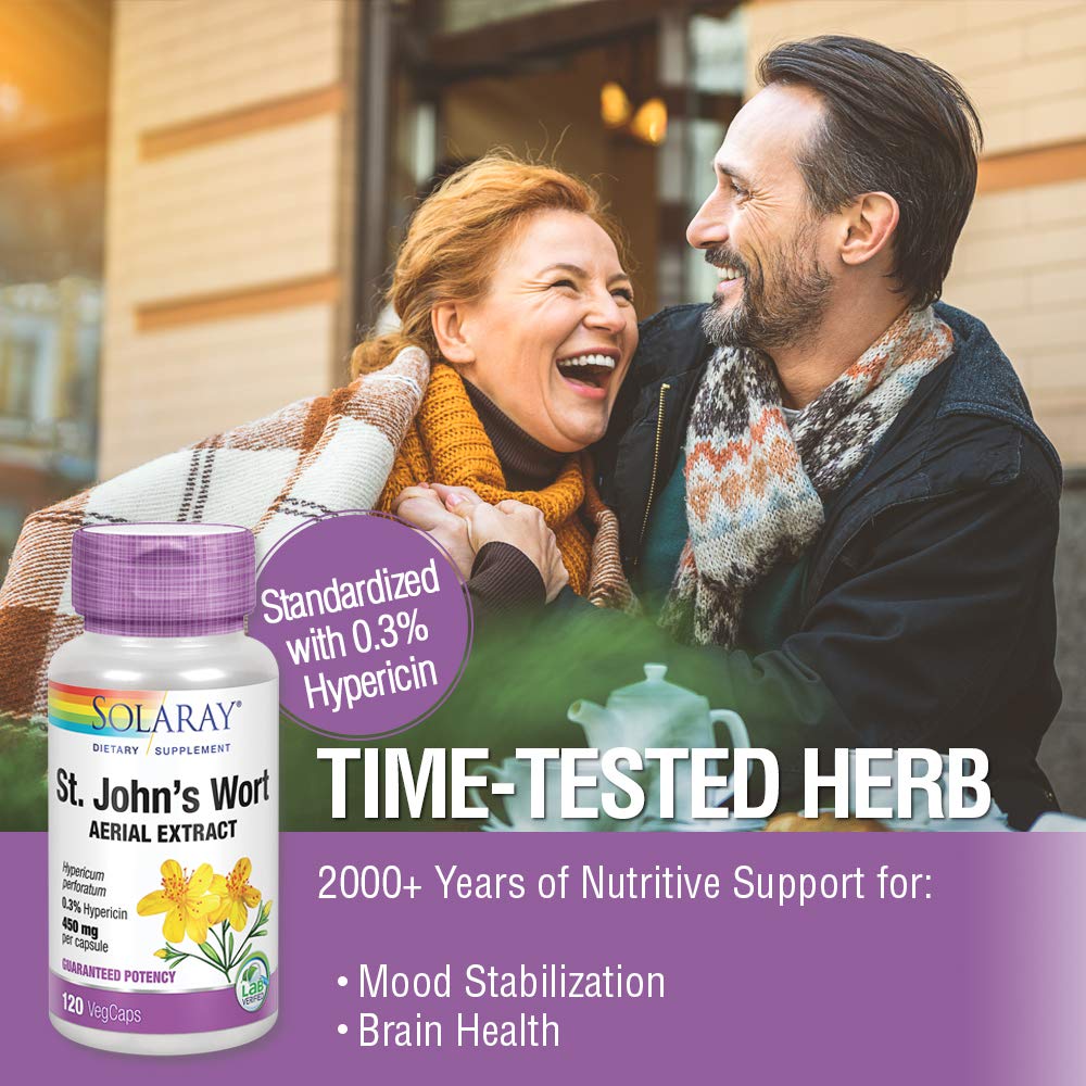 SOLARAY St John?s Wort Aerial Extract 300 mg, 0.3% Hypericin, Mood & Brain Health Support, Vegan & Lab Verified for Quality, 120 Servings, 120 VegCaps