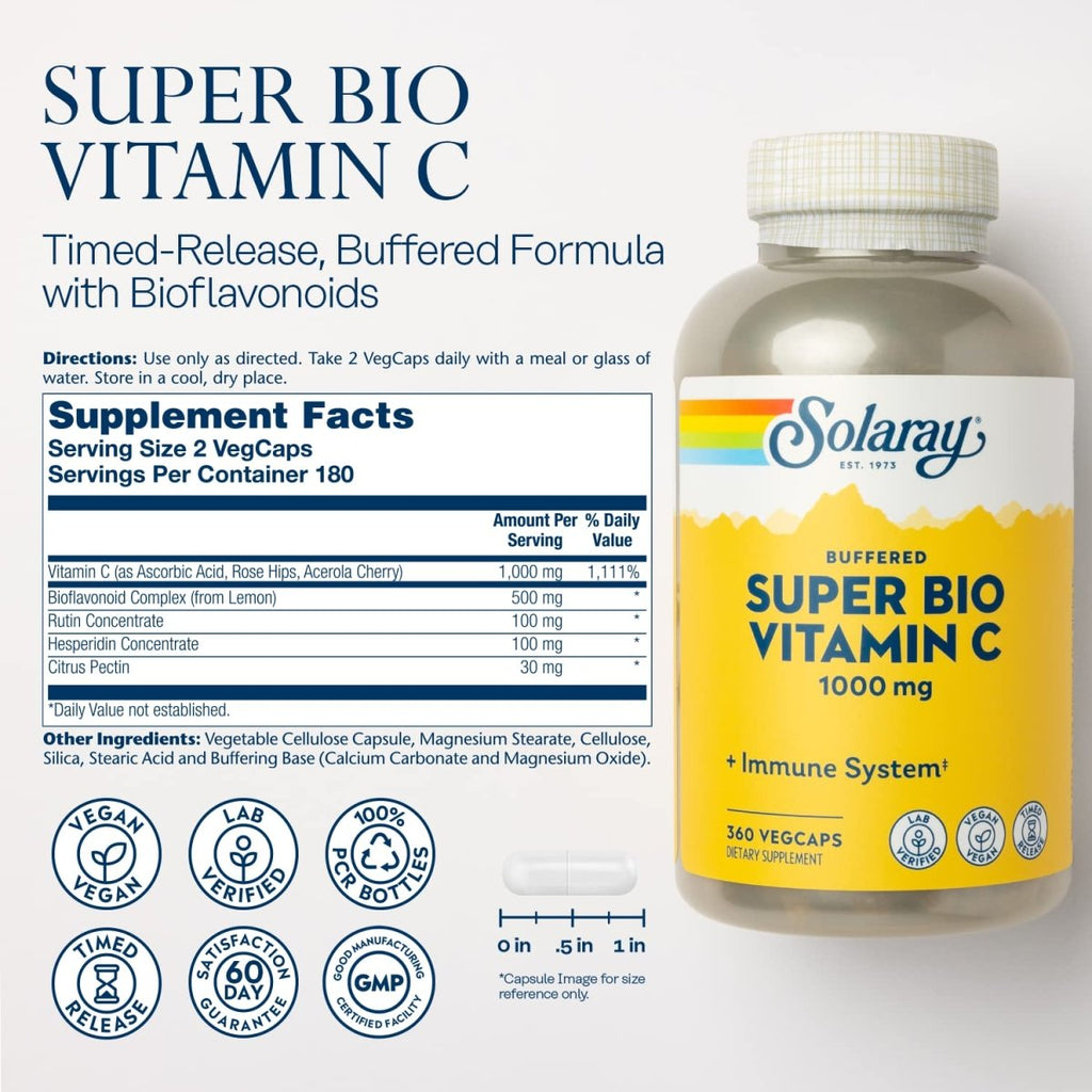 SOLARAY Super Bio C Buffered Vitamin C w/Bioflavonoids, Timed-Release Formula for All-Day Immune Support, Gentle Digestion, 1000mg, 360 Ct.