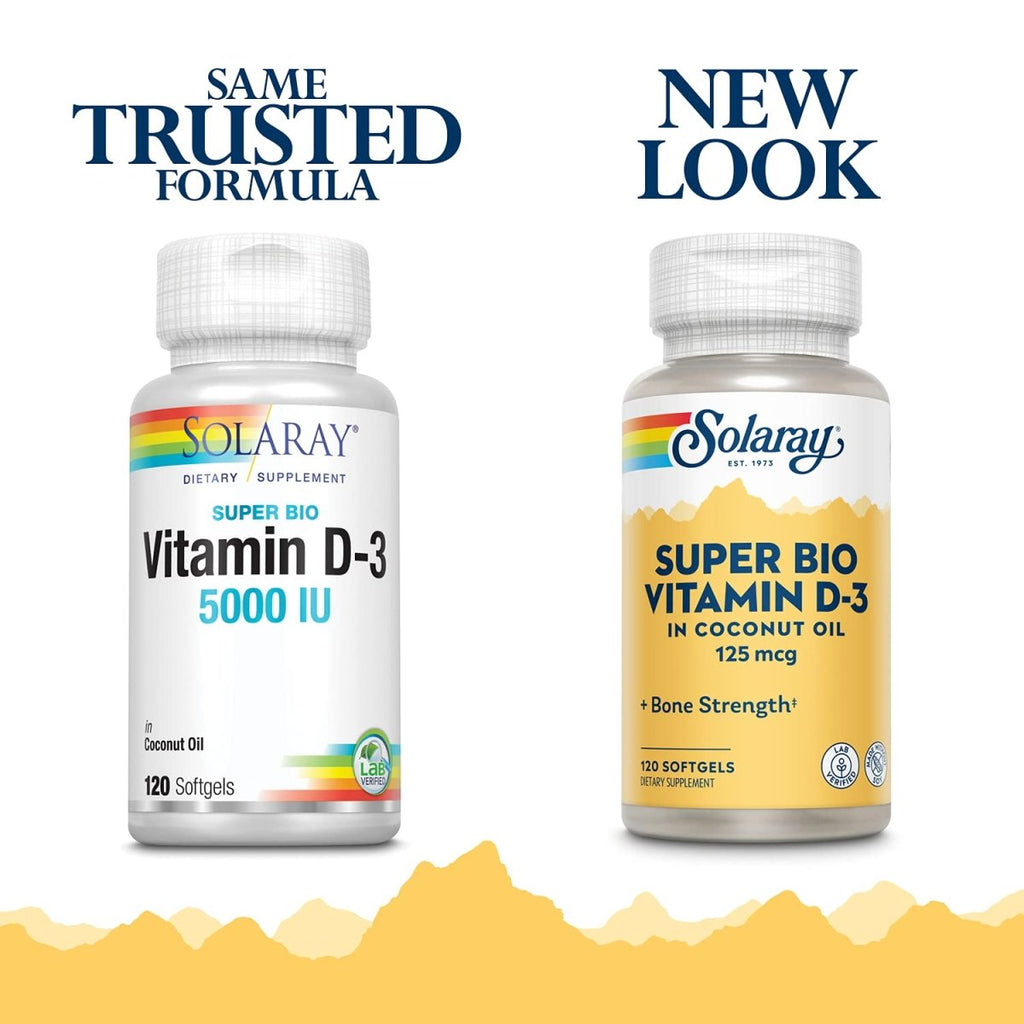 SOLARAY Super Bio Vitamin D-3 in Non-GMO Coconut Oil 5000IU Strong Bones & Immune System Support High Bioavailability No Soy 120 Softgels