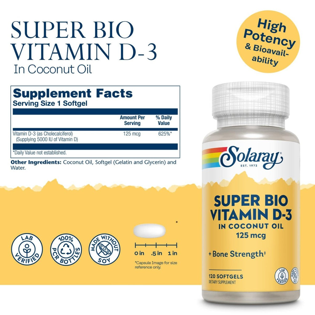 SOLARAY Super Bio Vitamin D-3 in Non-GMO Coconut Oil 5000IU Strong Bones & Immune System Support High Bioavailability No Soy 120 Softgels