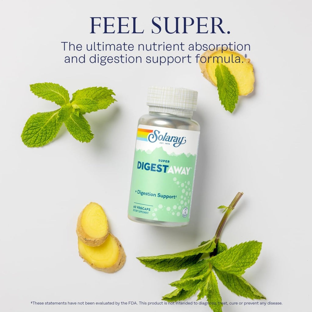 SOLARAY Super Digestaway Digestive Enzymes - Pancreatin, Papain, Ginger, Pepsin, Betaine HCl, Aloe Vera, and More - Digestion & Nutrient Absorption Support - Lab Verified - 60 VegCaps