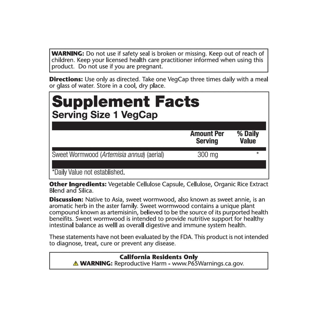 Solaray Sweet Wormwood Aerial, Veg Cap (Btl-Plastic) 300mg 100ct