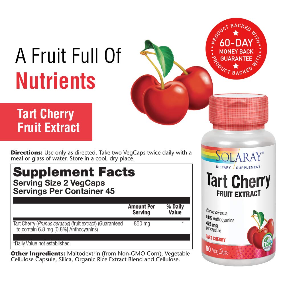 SOLARAY Tart Cherry Fruit Extract 425mg | Supports Healthy Uric Acid Levels w/Antioxidants & Anthocyanins | Non-GMO & Vegan | 90 VegCaps