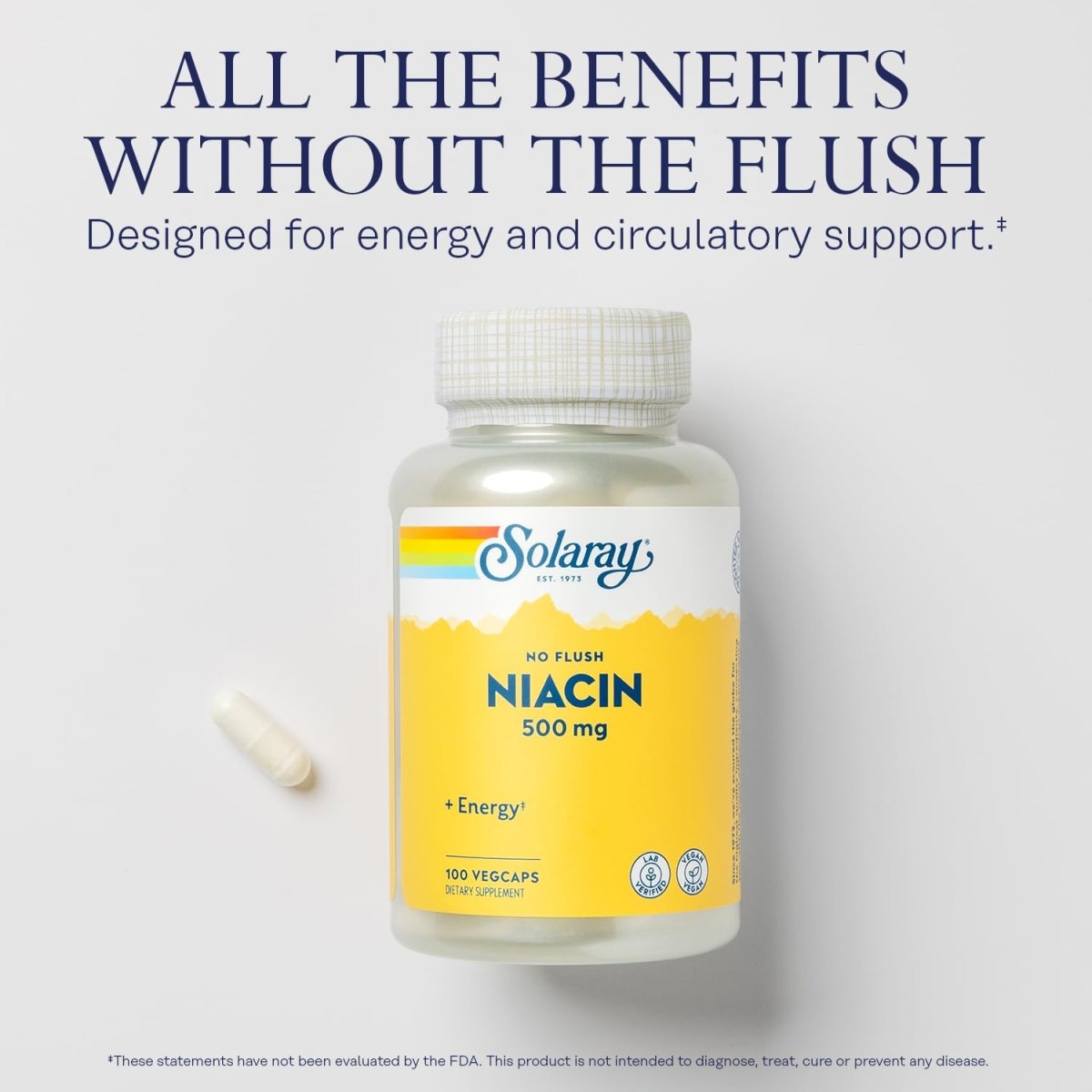 SOLARAY Title No Flush Niacin 500mg, Flush-Free Vitamin B3 Niacin, Energy and Circulatory System Support, Vegan, Lab Verified, 60-Day Money-Back Guarantee, 100 Servings, 100 VegCaps