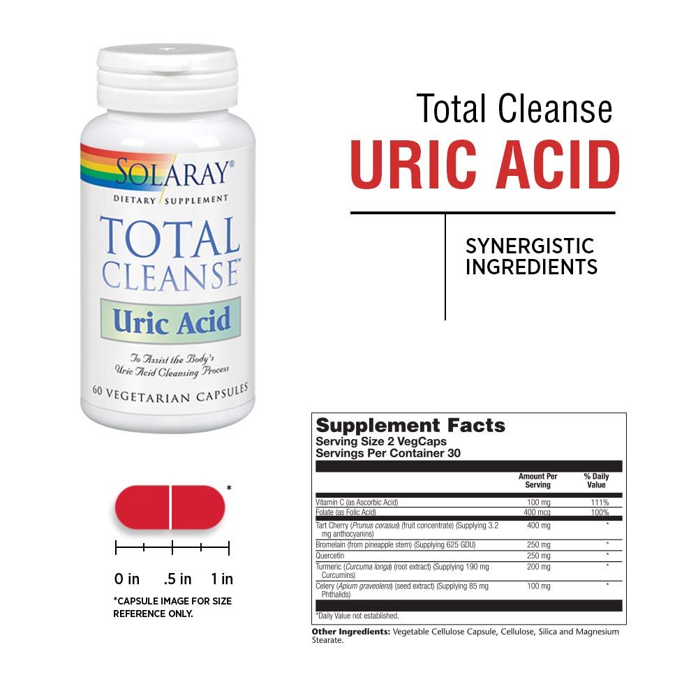 Solaray Total Cleanse Uric Acid, Tart Cherry, Bromelain, Quercetin and More, Joint Comfort Support, Vegan, 60 Caps
