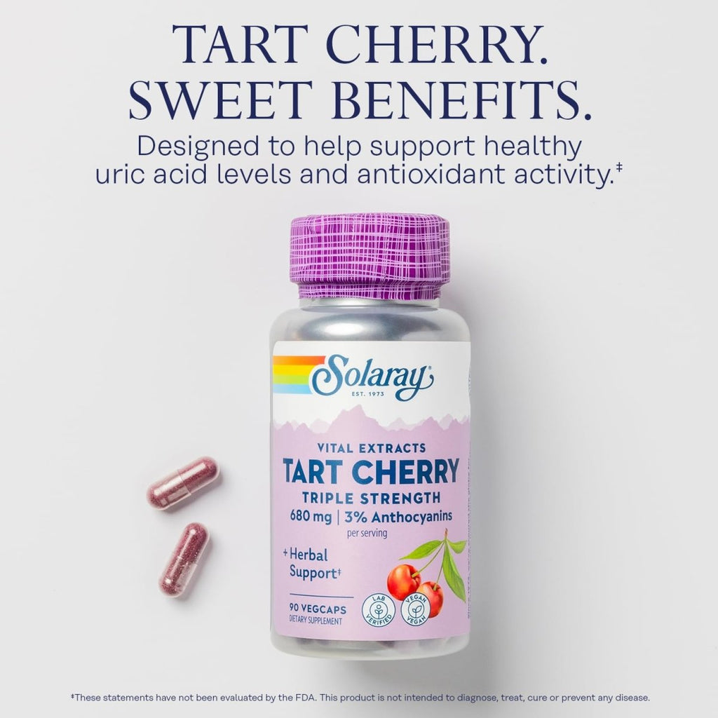 SOLARAY Triple Strength Tart Cherry Extract - Tart Cherry Capsules with Antioxidants and Anthocyanins for Uric Acid Levels Support - Vegan, 60-Day Guarantee - 45 Servings, 90 VegCaps