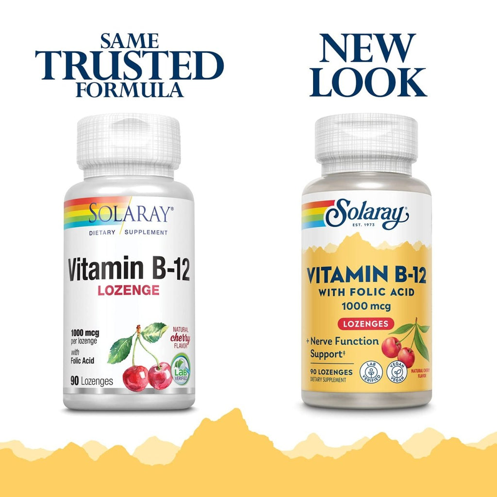 SOLARAY Vitamin B-12 1000mcg Lozenges with Folic Acid | Natural Cherry Flavor | Healthy Energy Support | 90CT
