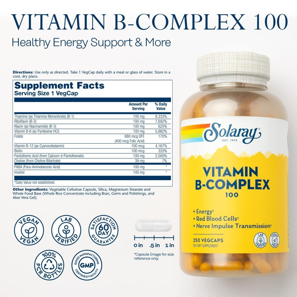 Solaray Vitamin B Complex 100 mg - Comprehensive B Vitamins for Healthy Energy and Vitality - 250 VegCaps
