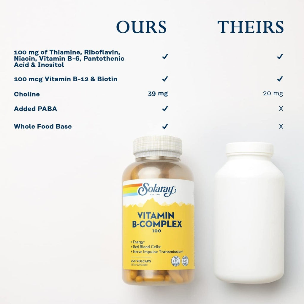 Solaray Vitamin B Complex 100 mg - Comprehensive B Vitamins for Healthy Energy and Vitality - 250 VegCaps