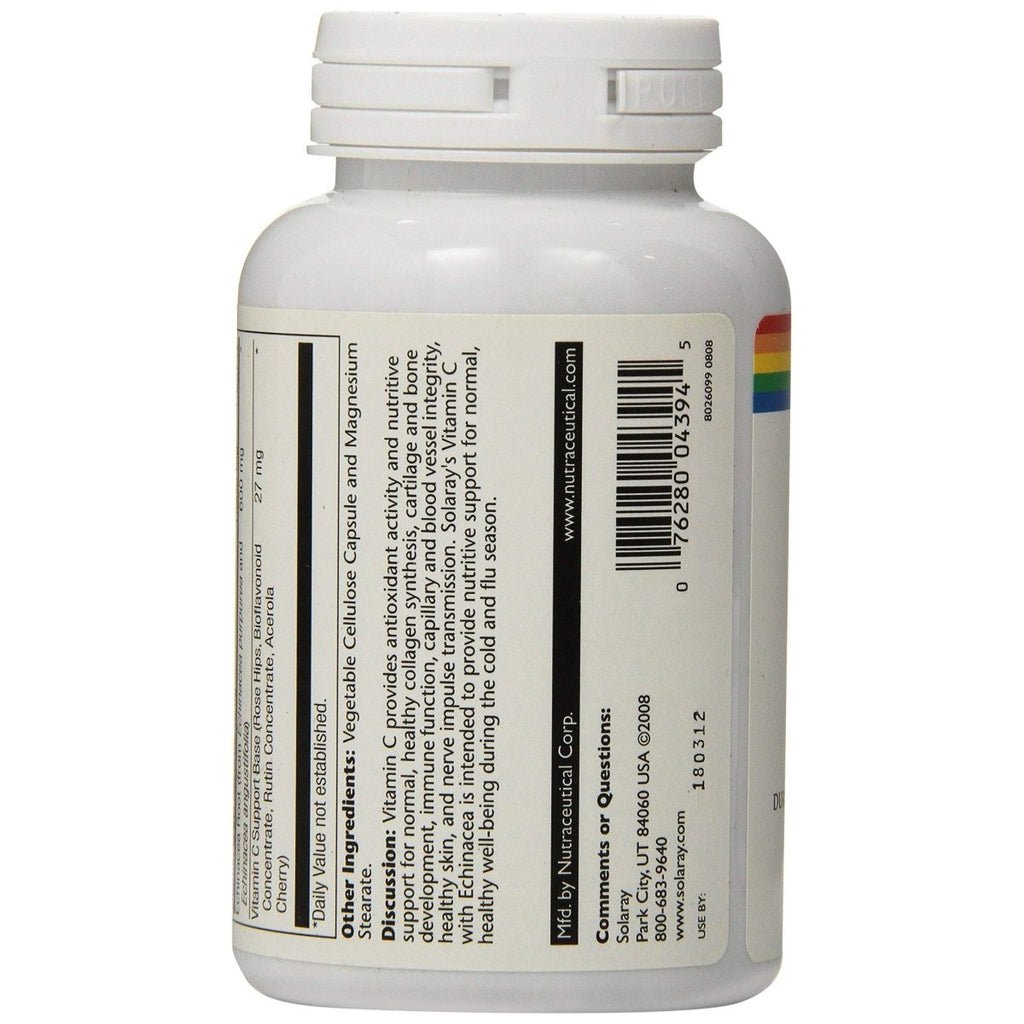 SOLARAY Vitamin C & Echinacea Root | Healthy Immune System Support with 500mg VIT C & 300mg Echinacea per VegCap | 120ct