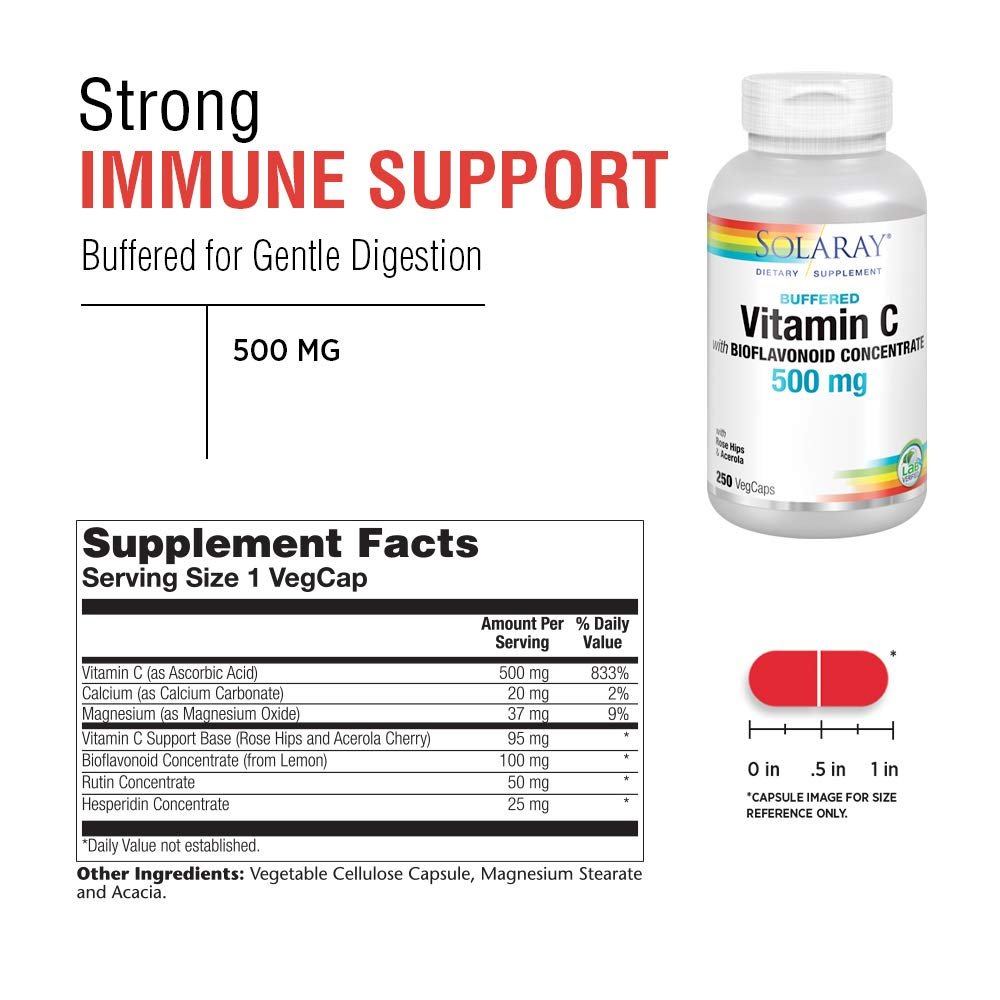 SOLARAY Vitamin C w/Bioflavonoid Complex 500mg Buffered for Easy Digestion Healthy Immune System, Collagen Synthesis & Antioxidant Support 250 VegCaps