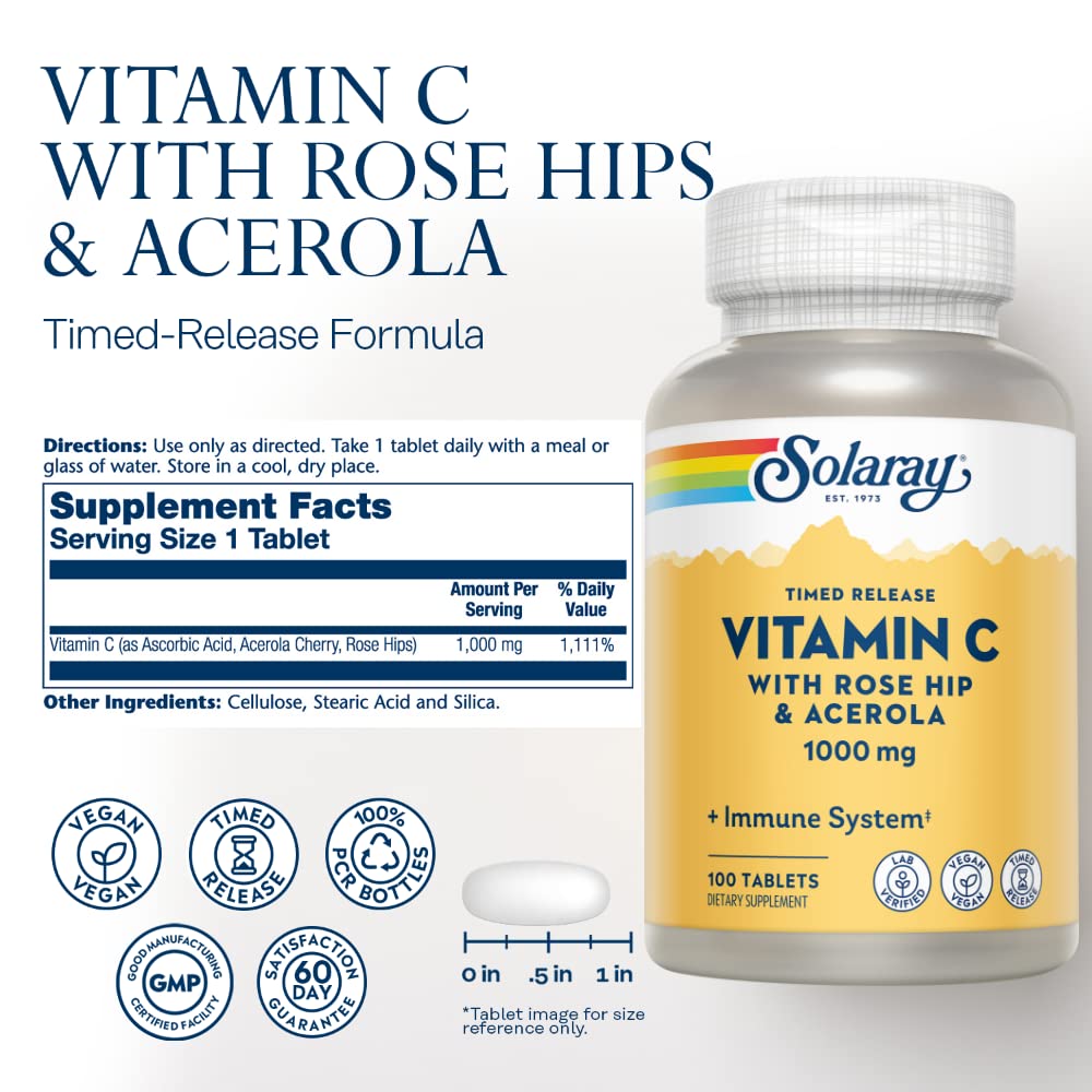 SOLARAY Vitamin C w/Rose Hips & Acerola, 1000mg, Two-Stage Timed-Release Healthy Immune Function (250 Tabs) (100 Servings, 100 Tablets)