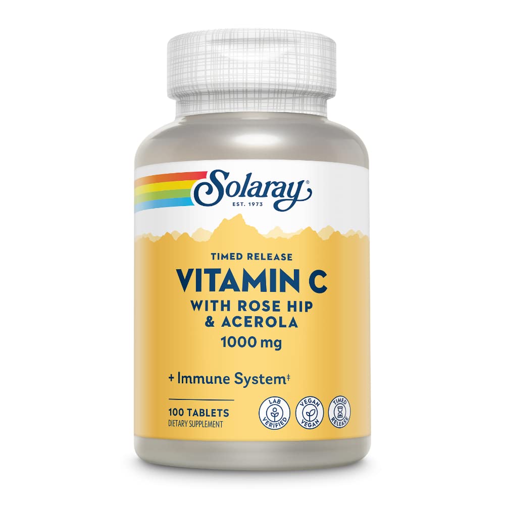 SOLARAY Vitamin C w/Rose Hips & Acerola, 1000mg, Two-Stage Timed-Release Healthy Immune Function (250 Tabs) (100 Servings, 100 Tablets)