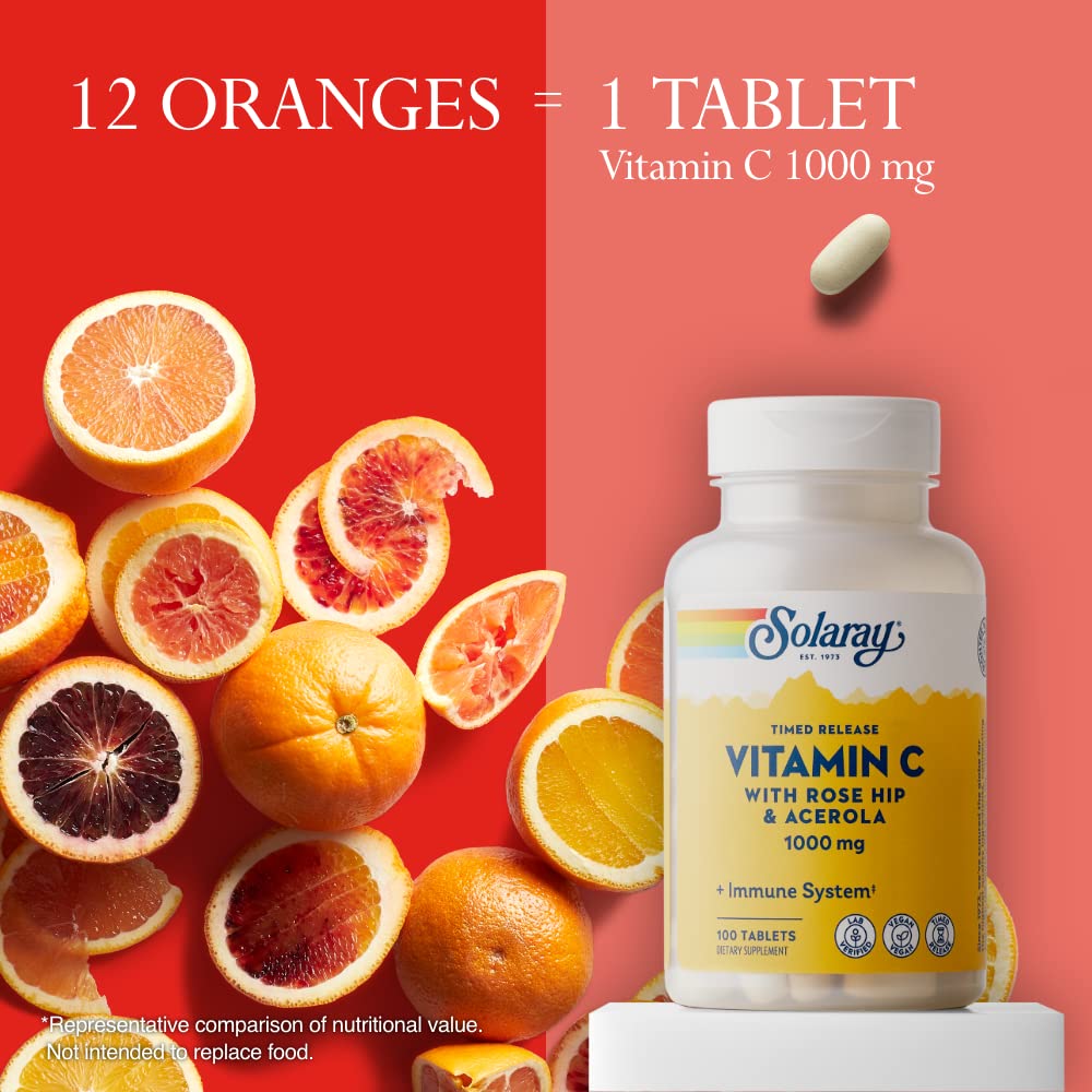 SOLARAY Vitamin C w/Rose Hips & Acerola, 1000mg, Two-Stage Timed-Release Healthy Immune Function (250 Tabs) (100 Servings, 100 Tablets)