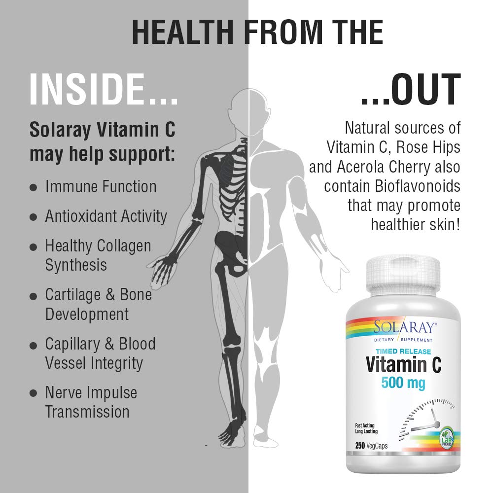 SOLARAY Vitamin C w/Rose Hips & Acerola | 500mg | Two-Stage, Timed-Release Healthy Immune Function, Skin, Hair & Nails Support | Non-GMO | 250 CT