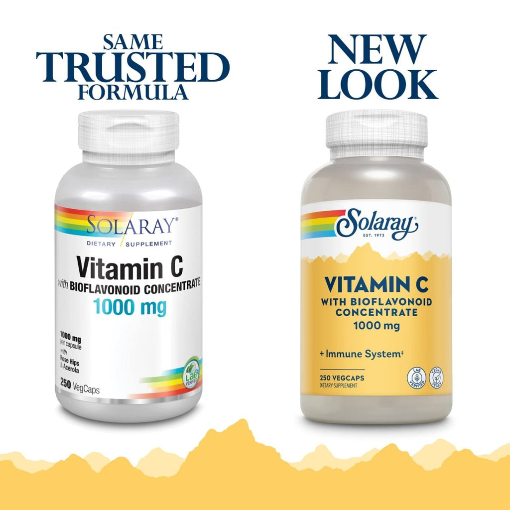 SOLARAY Vitamin C w/Rose Hips, Acerola & Bioflavonoids, 1000mg, Supports Immune Function & Healthier Skin, Hair, Nails, Non-GMO, Vegan, 250 CT