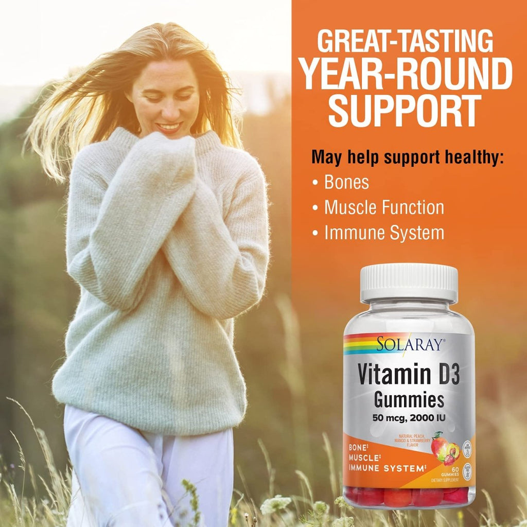 SOLARAY Vitamin D3 Gummies 50 mcg, 2000 IU | Healthy Bone, Muscle & Immune System Support | Gluten Free | 30 Serv, 60 Ct  67229