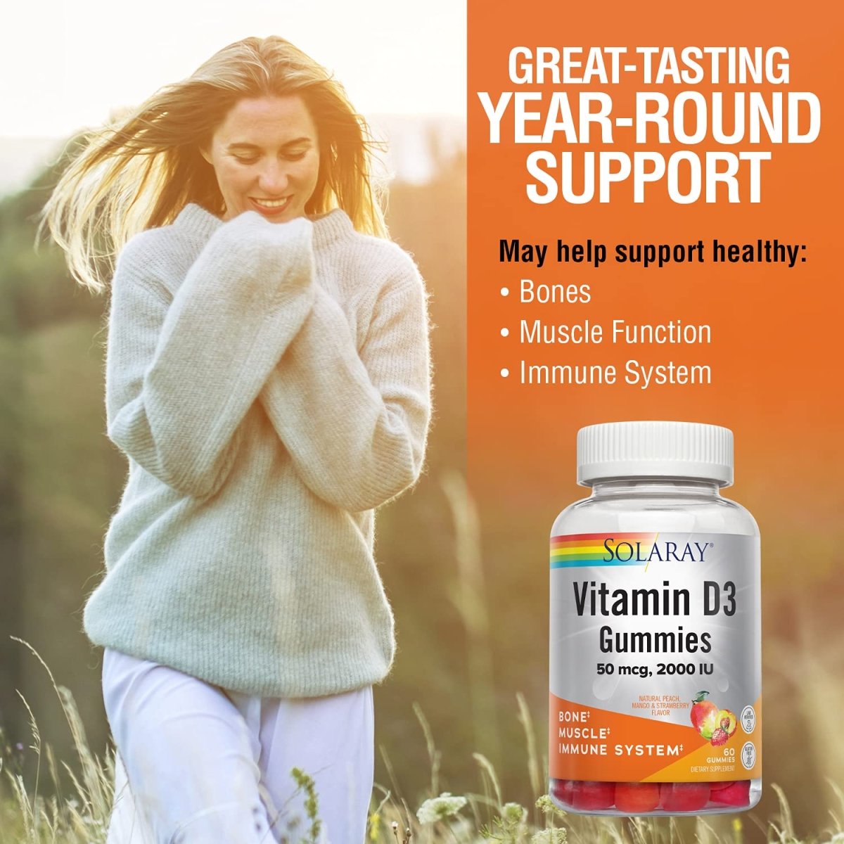 SOLARAY Vitamin D3 Gummies 50 mcg, 2000 IU | Healthy Bone, Muscle & Immune System Support | Gluten Free | 30 Serv, 60 Ct  67229