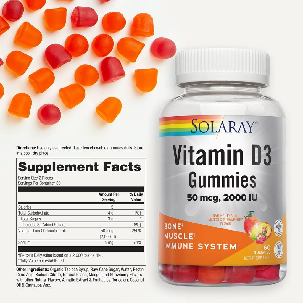 SOLARAY Vitamin D3 Gummies 50 mcg, 2000 IU | Healthy Bone, Muscle & Immune System Support | Gluten Free | 30 Serv, 60 Ct  67229