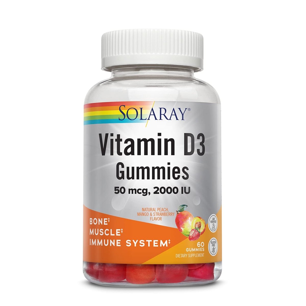 SOLARAY Vitamin D3 Gummies 50 mcg, 2000 IU | Healthy Bone, Muscle & Immune System Support | Gluten Free | 30 Serv, 60 Ct  67229