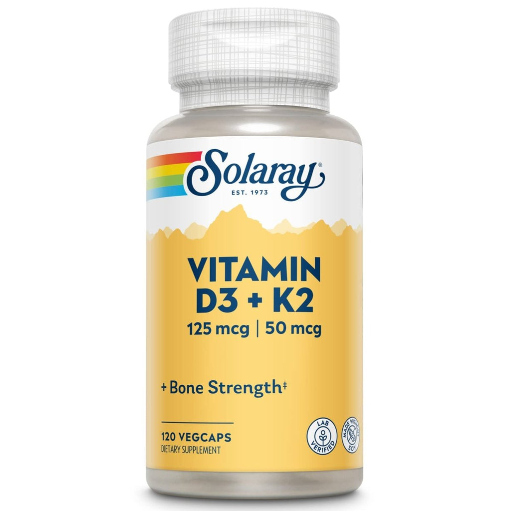 SOLARAY Vitamin D3 + K2, D & K Vitamins for Calcium Absorption and Support for Healthy Cardiovascular System & Arteries, Non-GMO & No Soy (120 Servings, 120 VegCaps)