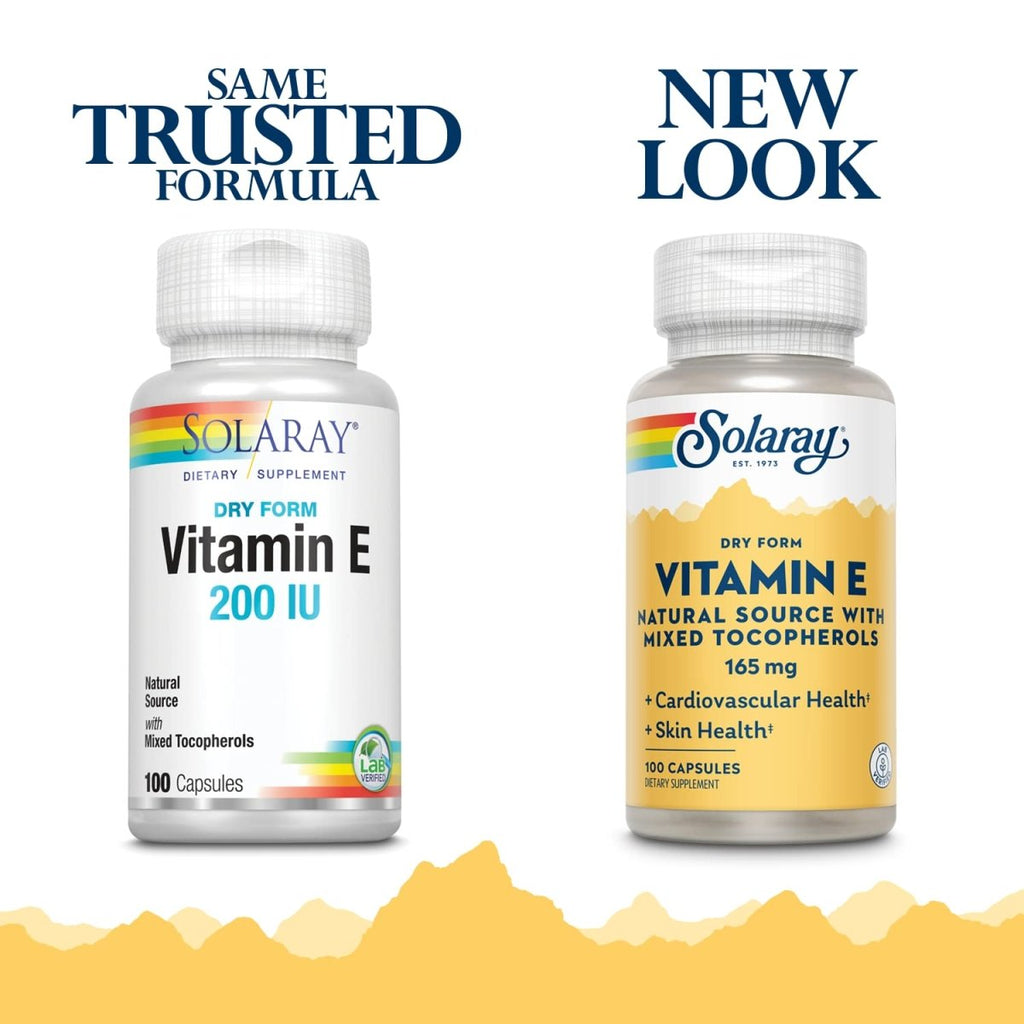 SOLARAY Vitamin E Dry 200 IU with Mixed Tocopherols - Supports Healthy Cardiac Function & Skin Health - 100 Count