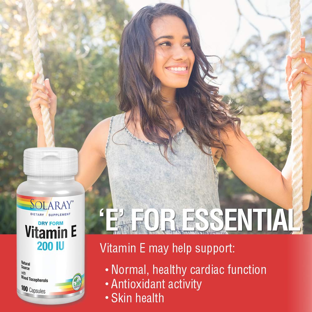 SOLARAY Vitamin E Dry 200 IU with Mixed Tocopherols - Supports Healthy Cardiac Function & Skin Health - 100 Count