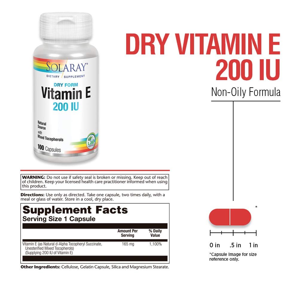 SOLARAY Vitamin E Dry 200 IU with Mixed Tocopherols - Supports Healthy Cardiac Function & Skin Health - 100 Count