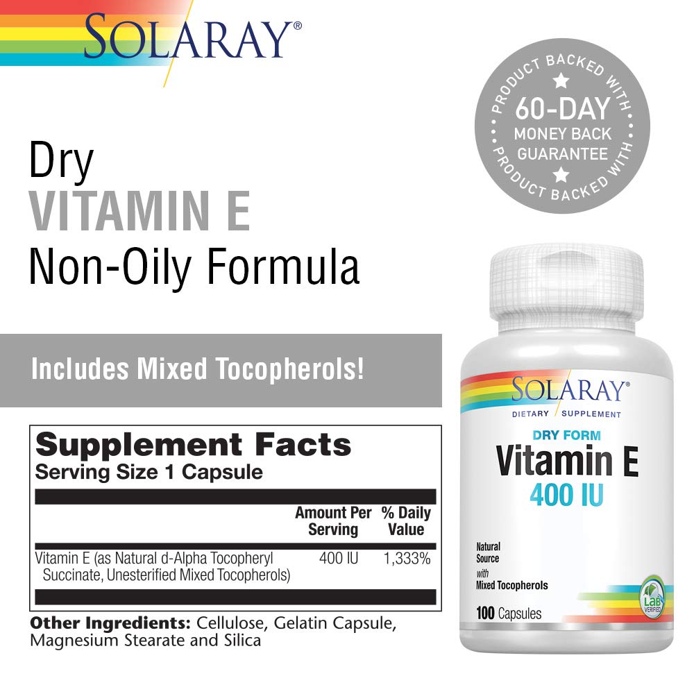 SOLARAY Vitamin E, Dry 400 IU w/Mixed Tocopherols Non-Oily Healthy Cardiac Function, Antioxidant Activity & Skin Health Support 100 Capsules