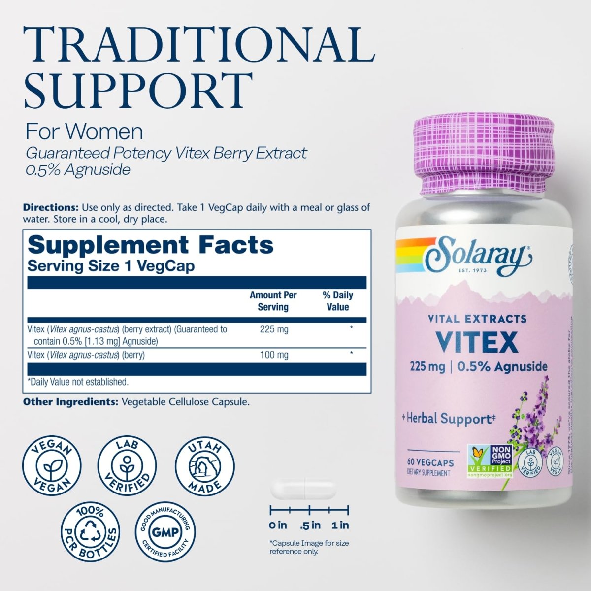 SOLARAY Vitex Berry Extract 225 mg - Chasteberry Supplement for Women - Traditional Hormone Balance Support - Chaste Tree Berry - Vegan, Lab Verified - 60 Servings, 60 VegCaps