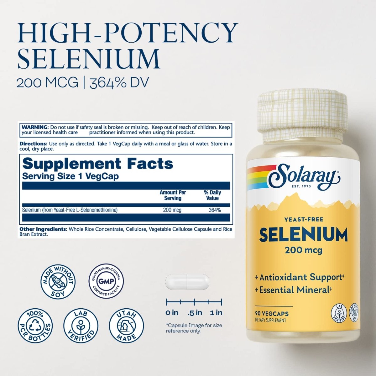 Solaray Yeast Free Selenium 200mcg, Healthy Immune System & Thyroid Function Support, High Absorption, Vegan, 90 VegCaps