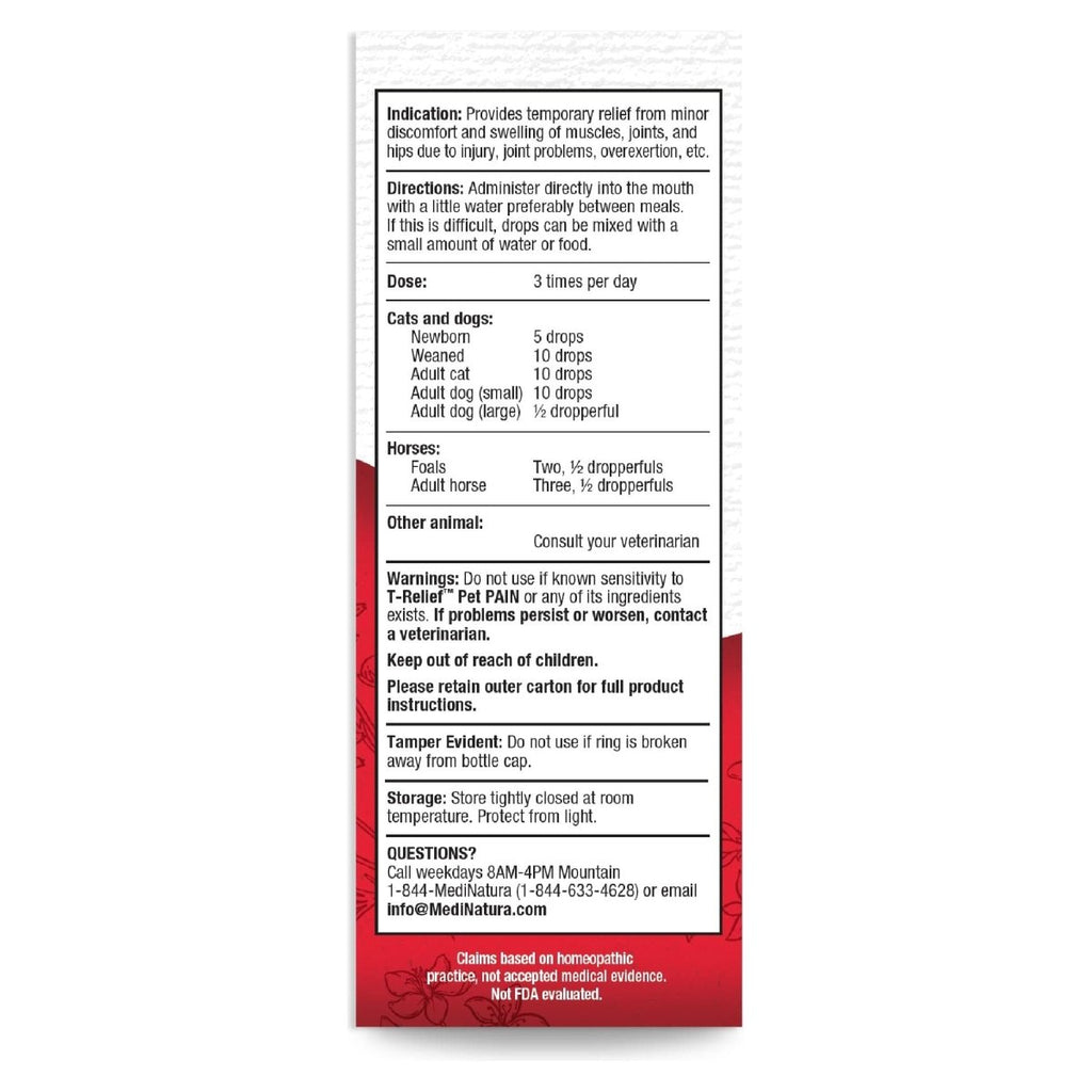 T-Relief Pet Pain Oral Drops Arnica +12 Dogs & Cats - Fast-Acting Soother - 1.69 oz (2 Pack)