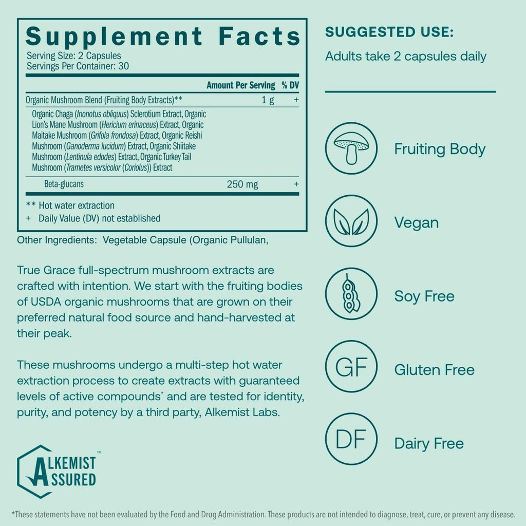 True Grace - Myco-Renew Fruiting Body Organic Mushroom Blend - 60 Vegan Capsules