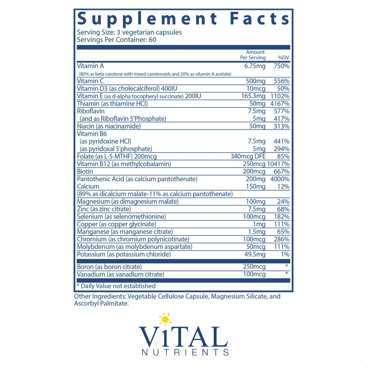 Vital Nutrients Multi-Nutrients No Iron or Iodine 180 Vcaps
