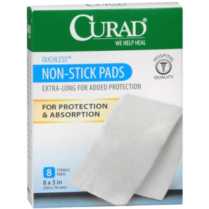 Curad Non-Stick Sterile Pads, Ouchless Wound Protection – 3" x 8", 8 Count