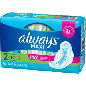 Always Maxi Pads with Wings, Size 2 Super Long, Unscented, 32 Count
